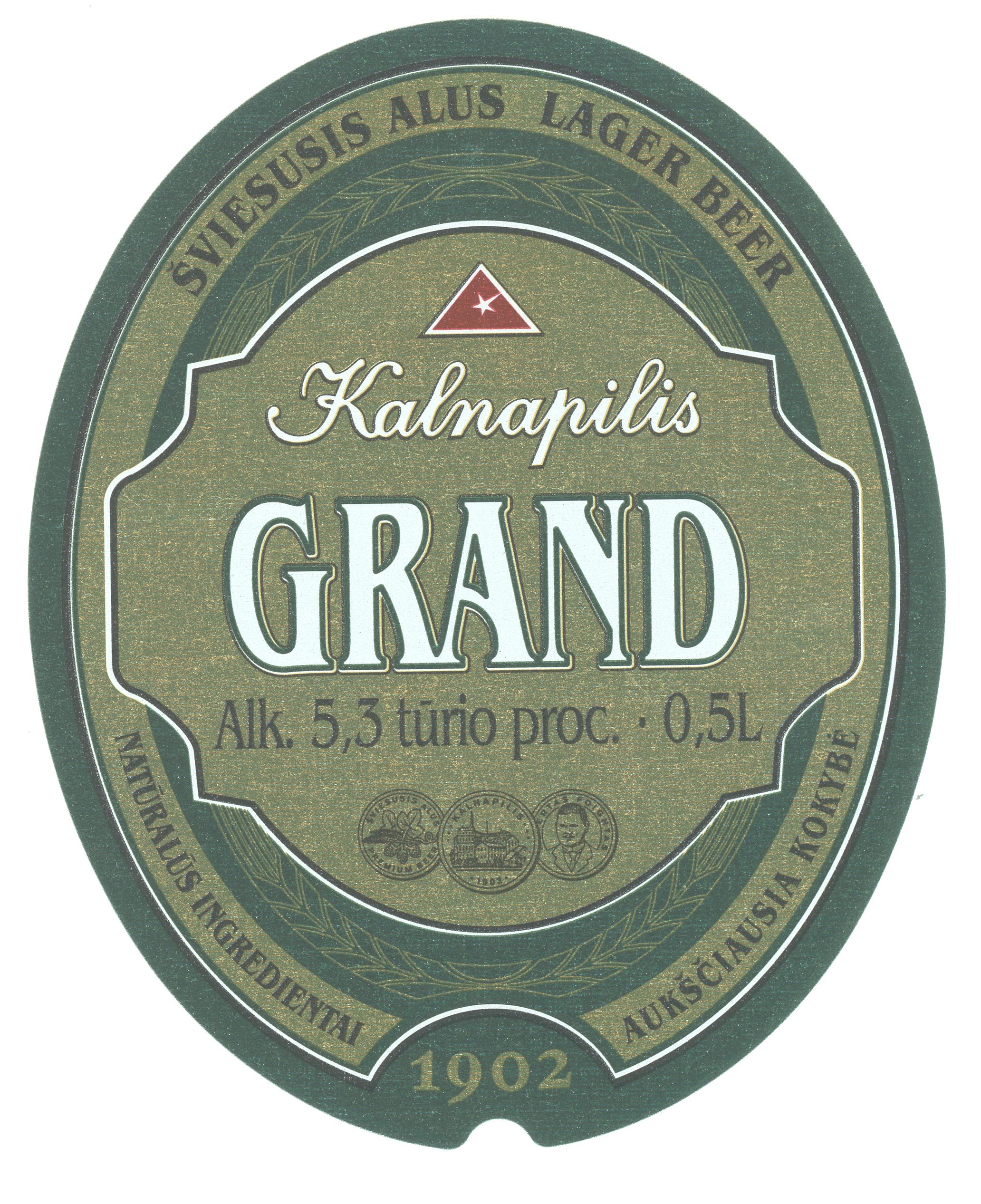 Prekės ženklas: Kalnapilis GRAND ŠVIESUSIS ALUS LAGER BEER NATŪRALŪS INGREDIENTAI AUKŠČIAUSIA KOKYBĖ 1902